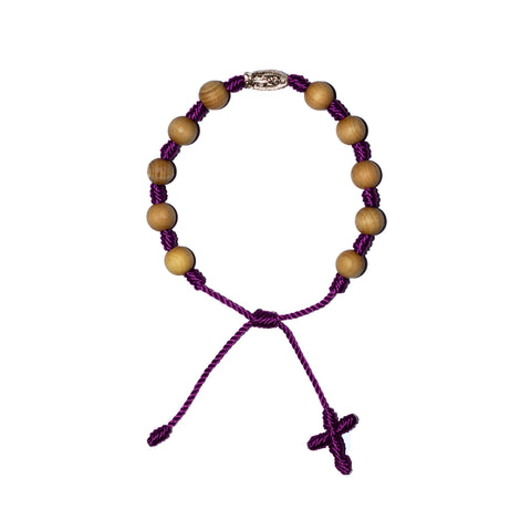 Silver Virgin Mary Sandalwood Bracelet (Purple String)