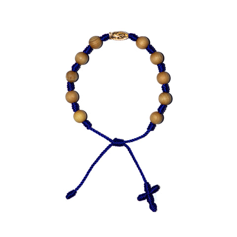 Gold Virgin Mary Sandalwood Bracelet (Blue String)