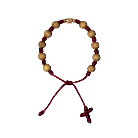 Gold Virgin Mary Sandalwood Bracelet (Burgundy String)