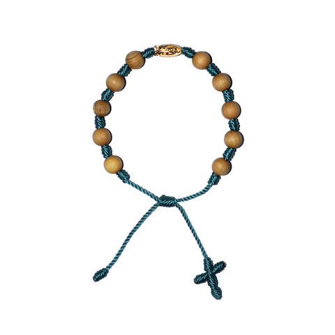 Gold Virgin Mary Sandalwood Bracelet (Light Blue String)