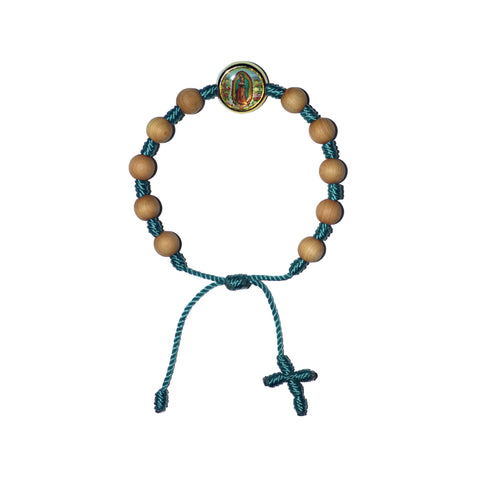 Virgen de Guadalupe Sandalwood Bracelet (Light Blue String)