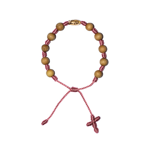 Gold Virgin Mary Sandalwood Bracelet (Pink String)