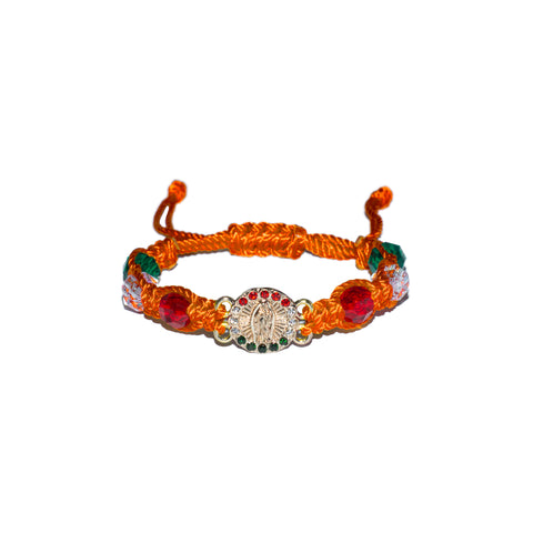 Gold Plated Virgen De Guadalupe Beaded Macrame Bracelet (Neon Orange Color)