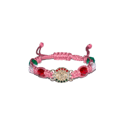 Gold Plated Virgen De Guadalupe Beaded Macrame Bracelet (Pink Color)